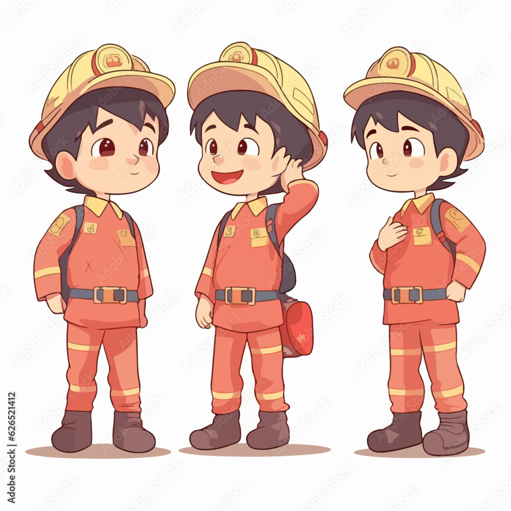 Naklejka premium Boy in firefighter attire, cartoon illustration, vector pose, young child.