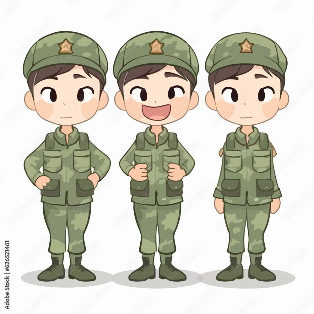 Boy in military attire, cartoon illustration, vector pose, young child. Boy in military attire, cartoon illustration, vector pose, young child.
