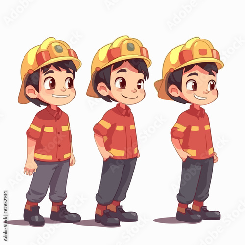 Cartoon of a boy with fire-resistant outfit, vector illustration, little child, pose. photo