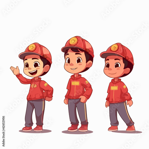 Firefighter kid with fireproof outfit, vector pose, young boy, cartoon style.