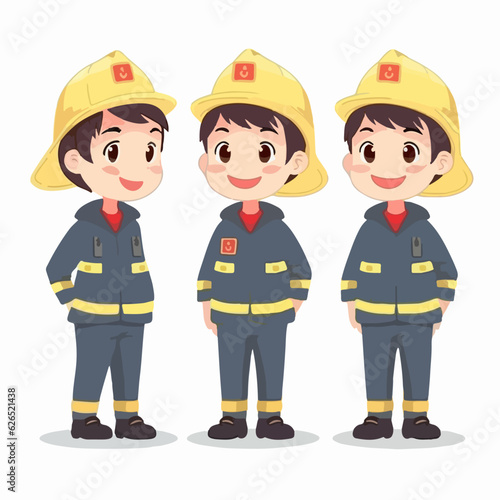 Cartoon of a boy in fireproof clothes, vector illustration, little child, pose.