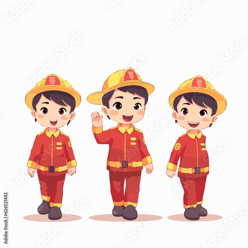 Firefighter boy with fireproof attire, vector pose, young kid, cartoon style.