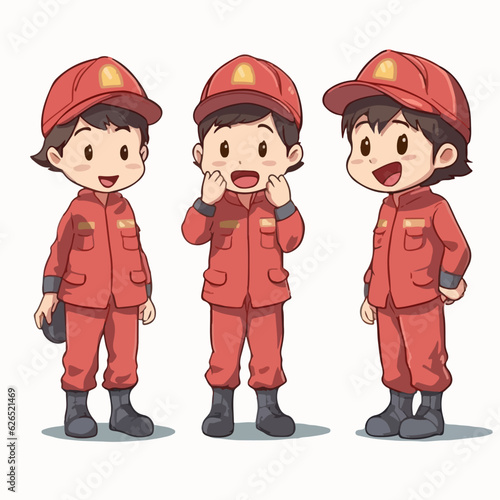Firefighter kid in fireproof clothes, cartoon illustration, young boy, multipose.