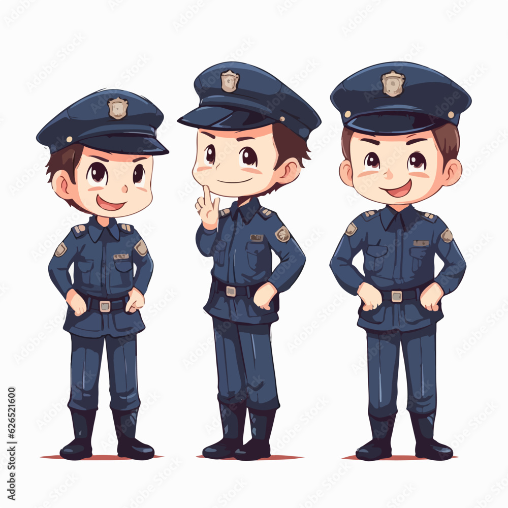 Police boy with police attire, vector pose, young kid, cartoon style.
