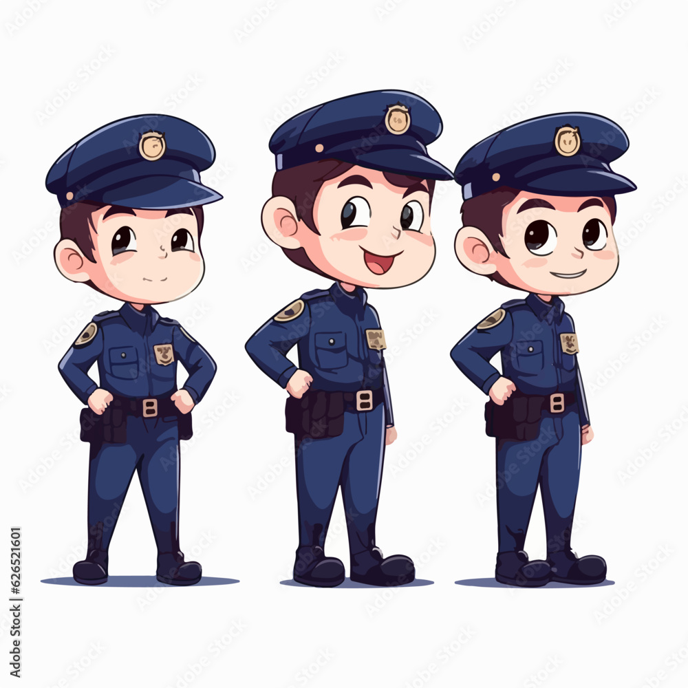 Boy in police attire, cartoon illustration, vector pose, little child. Boy in police attire, cartoon illustration, vector pose, little child.