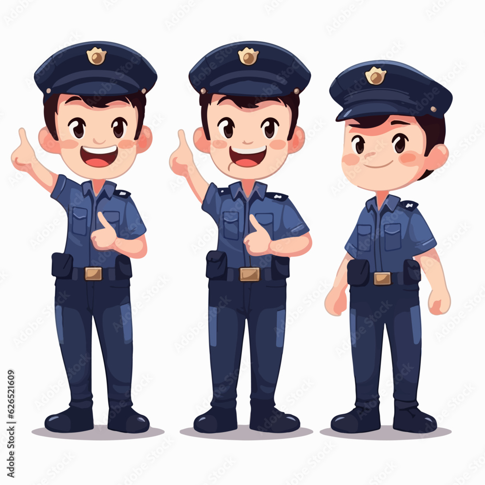Police kid with officer attire, vector pose, young boy, cartoon style. Police kid with officer attire, vector pose, young boy, cartoon style.