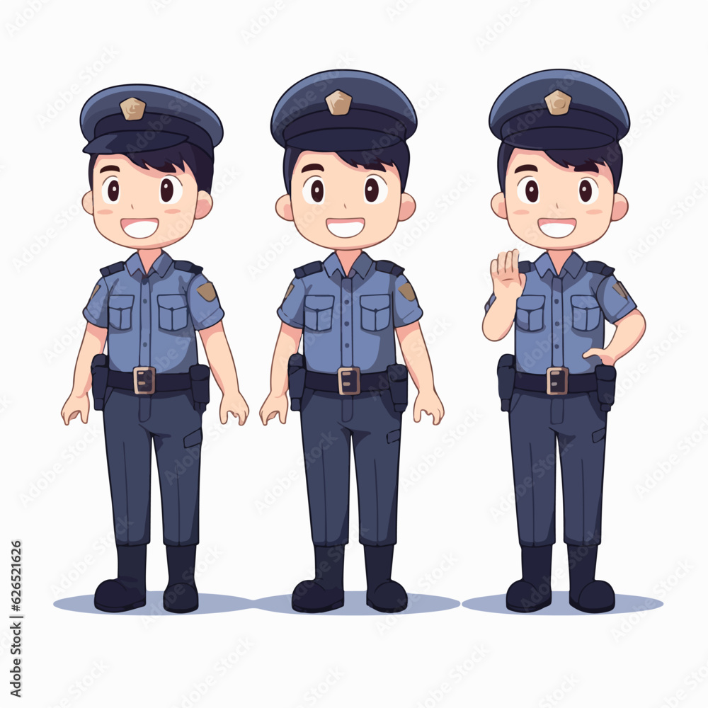 Cartoon of a boy in law enforcement clothes, vector illustration, young child, pose.