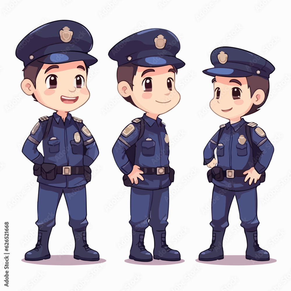 Police kid in officer clothes, cartoon illustration, young boy, multipose. Police kid in officer clothes, cartoon illustration, young boy, multipose.