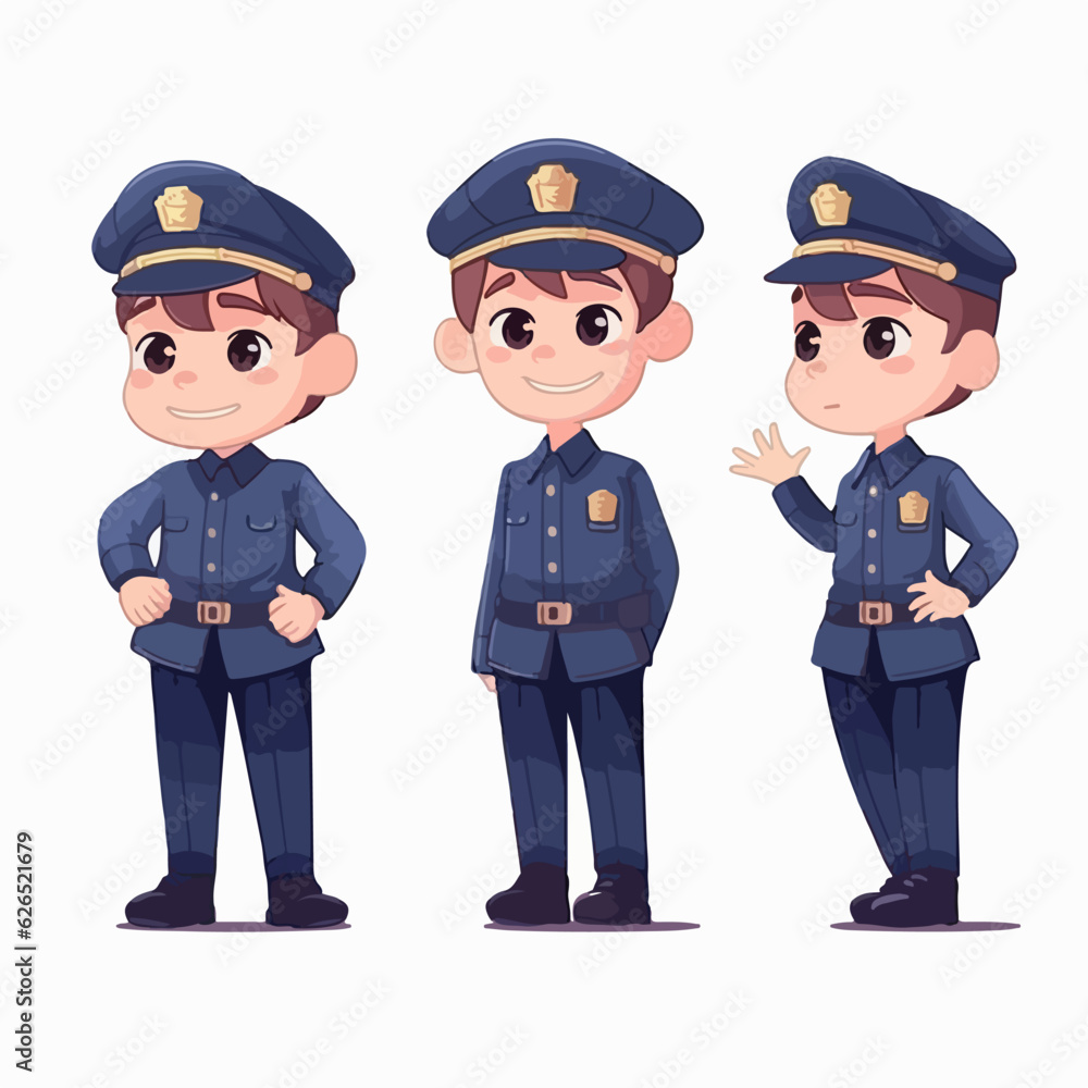 Boy in police attire, cartoon illustration, vector pose, young child. Boy in police attire, cartoon illustration, vector pose, young child.
