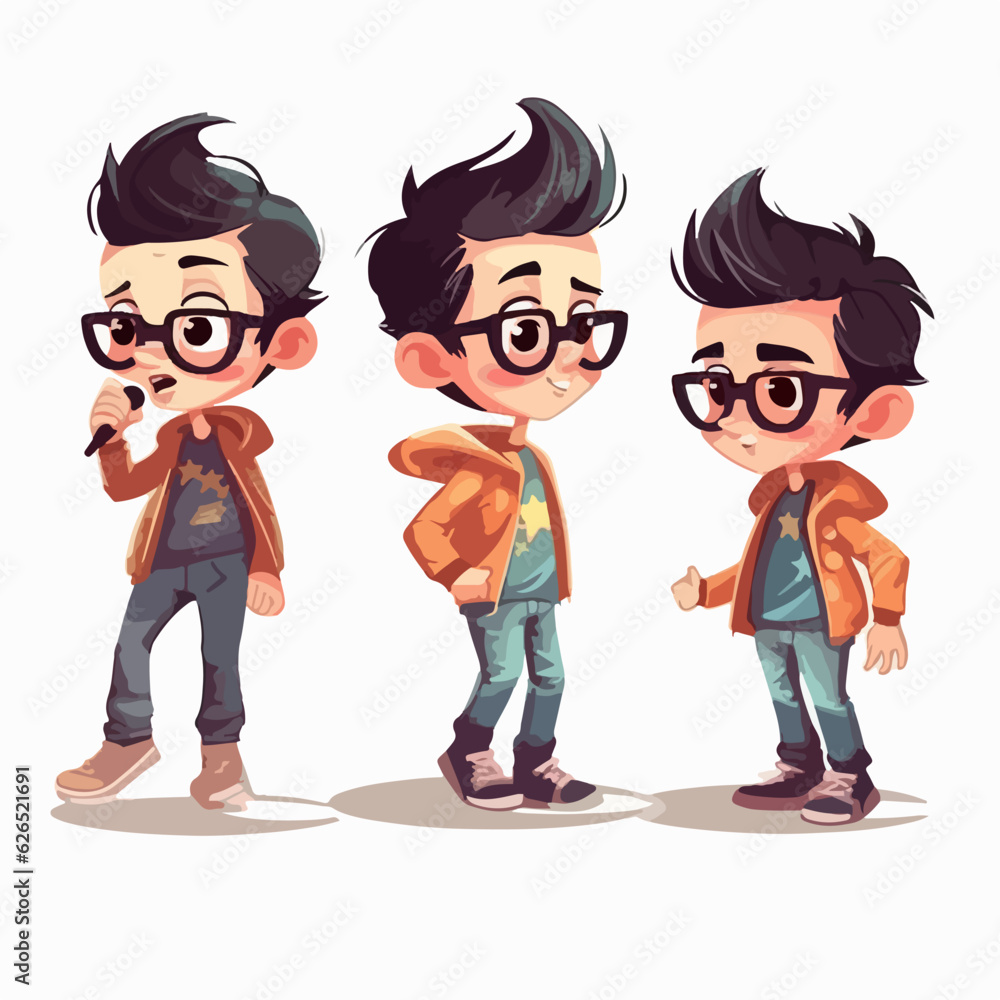 Popstar boy dressed in flashy attire, vector illustration, young kid, multipose. Popstar boy dressed in flashy attire, vector illustration, young kid, multipose.