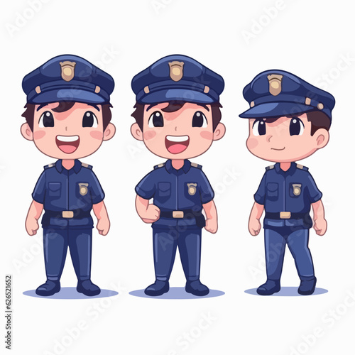 Police boy wearing officer gear, vector cartoon, little kid, multipose.