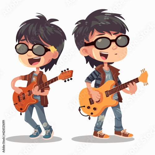 Vector of a boy rockstar, dressed in a trendy outfit, young kid, cartoon style.