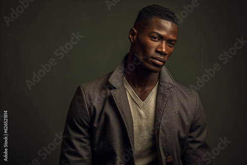 African male fashion model on grey background, soft light photography