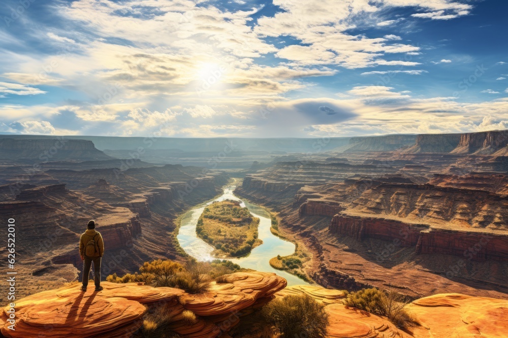 Naklejka premium The traveler looks at a beautiful morning panorama with canyons and rivers. 
