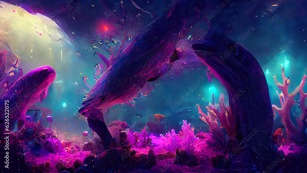 Enchanting underwater realm: Bioluminescent sea creatures dance amidst vibrant coral reefs. Otherworldly beauty.