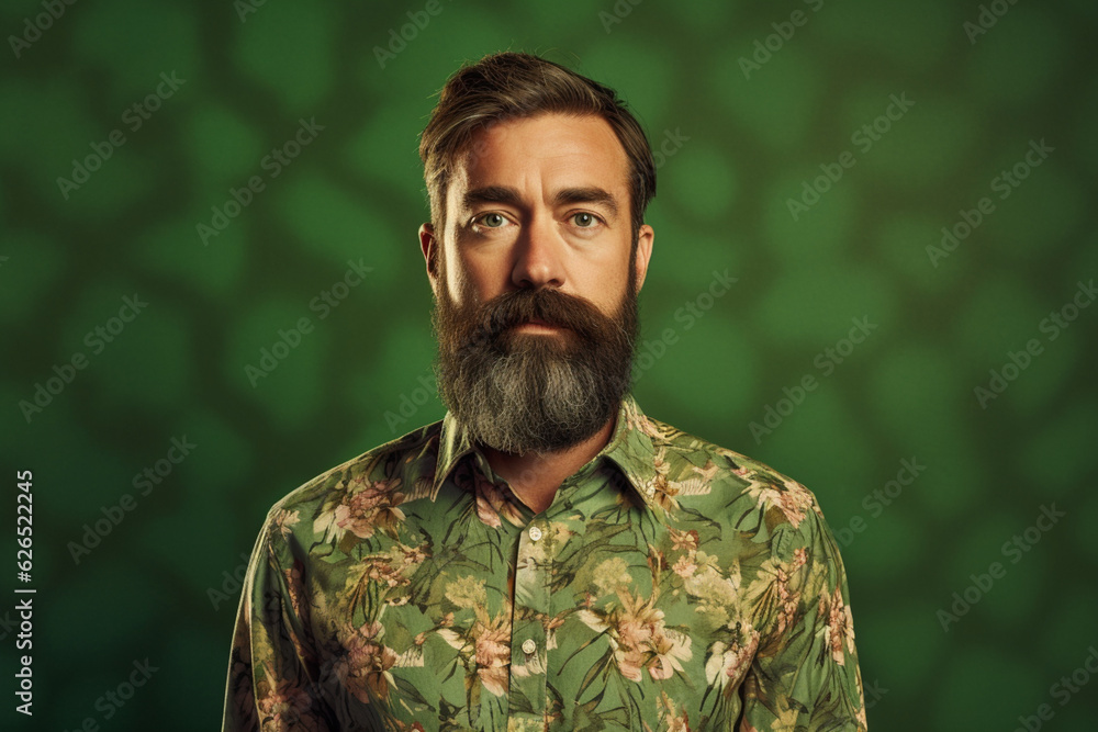 Adult man wearing small beard, with floral shirt in studio shot with green background