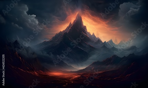 dark fantasy mountain landscape, fire in the hills, volcano eruption, made with generative ai