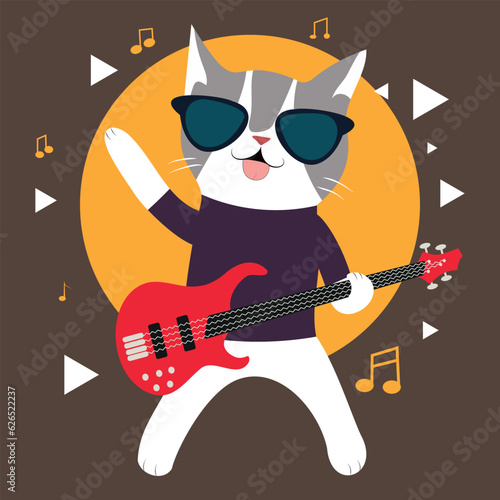 cartoon character. cat rocker in sunglasses plays the guitar. vector illustration. color flat.