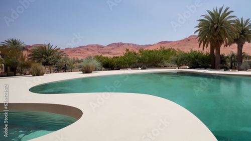Captivating modern desert oasis with sleek architecture  blending seamlessly with nature s beauty and cascading water features. Serene allure.