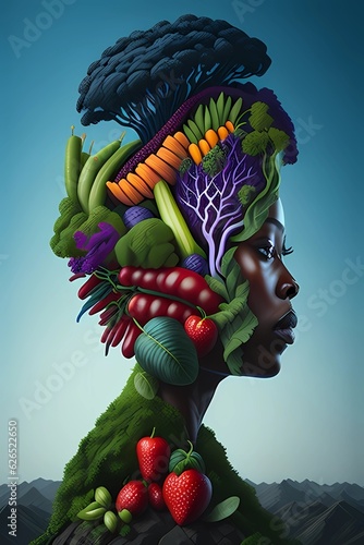 A portrait of mother nature, fruits and vegetables are in her mind, double exposure effect