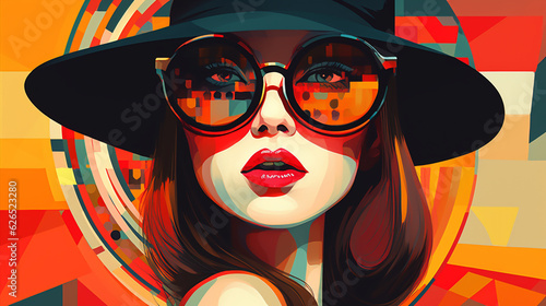 beautiful young woman with glasses, illustrations in retro style in the sixties. Generative Ai. 