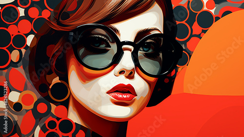 woman with glasses in red-orange shades, abstract illustration in retro seventies style. Generative Ai. 