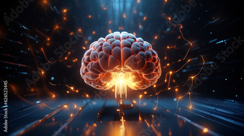 human brain on dark futuristic background, artificial intelligence concept abstract illustration. Generative Ai. 