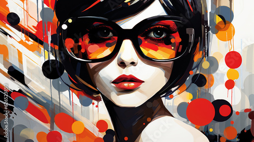 portrait of a woman with glasses in retro style, colorful illustration. Generative Ai. 