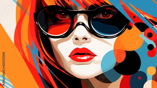 young woman with glasses portrait in sixties style, illustration. Generative Ai. 
