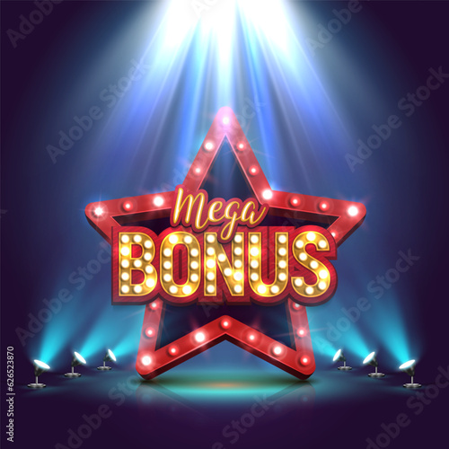 Shining sign Mega Bonus with retro star on a bright background. Vector illustration.