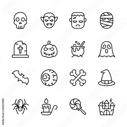 Halloween event  thin line icons set,  example sign of horror,  pumpkin, ghost, skull, trick or treat. vector illustration