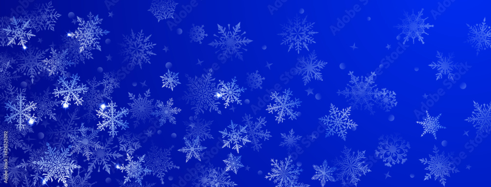 Christmas background of beautiful complex big and small snowflakes in blue colors. Winter illustration with falling snow Christmas background of beautiful complex big and small snowflakes in blue colors. Winter illustration with falling snow