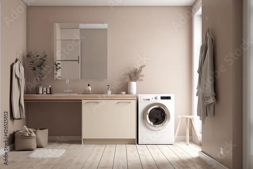 Generative AI. Interior of home laundry room with modern washing machine. Modern washing machine and wicker basket with laundry near white wall  space for text. Interior design