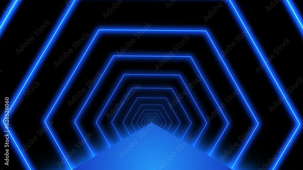 Neon blue laser lines hexagon tunnel forward motion with rotation animation. Abstract technology background. Seamless loop. 4K footage