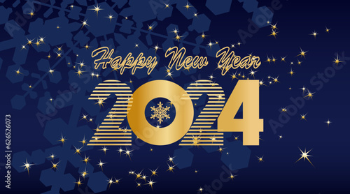 2024, happy new year, elegant vector illustration, golden numbers 2024 logo on a blue background