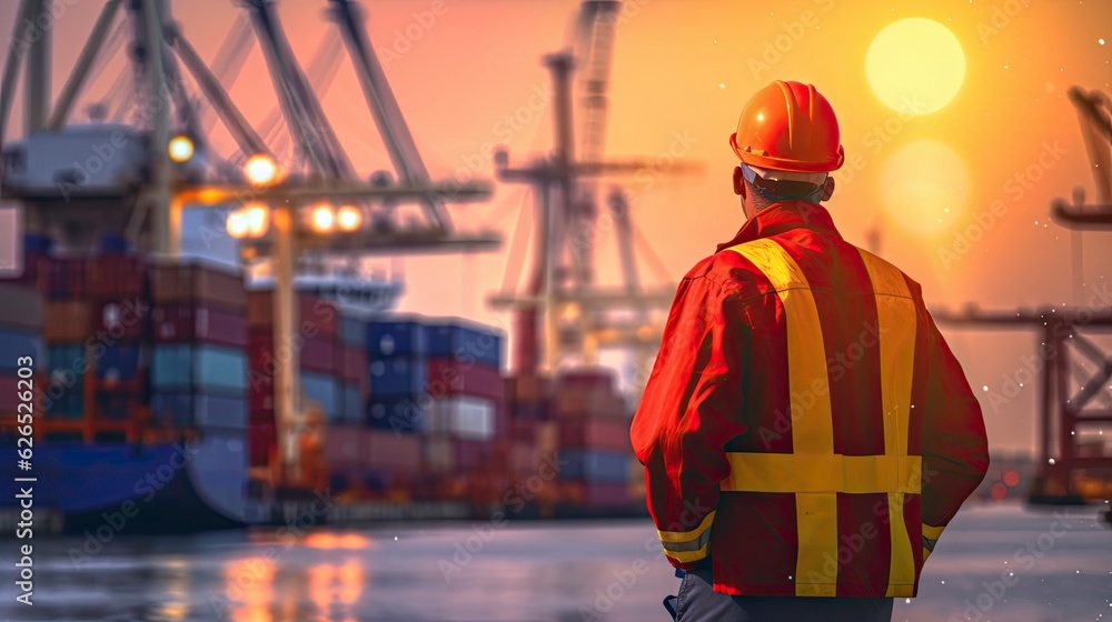 Industry Worker with safety jacket at sea port, Generative AI Industry Worker with safety jacket at sea port, Generative AI