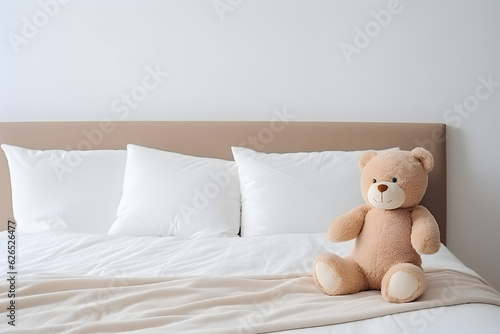 Teddy bear toy on the clean bed