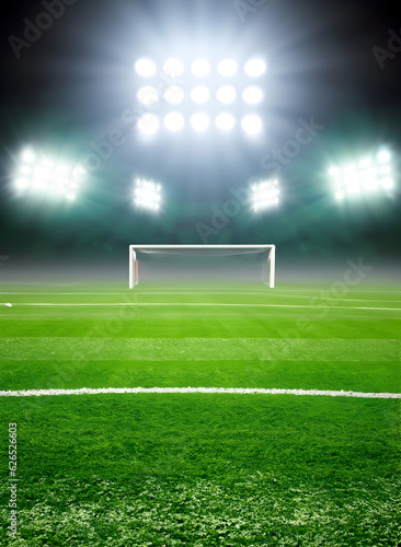 Green soccer field, bright spotlights- ai generative © MDMAJARUL