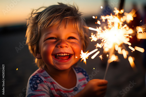 A cheerful child is happy and laughing, holding a burning Bengal fire with bright burning sparks. Holiday, Independence Day, baby with Bengal fire outdoors in the evening. © SnowElf
