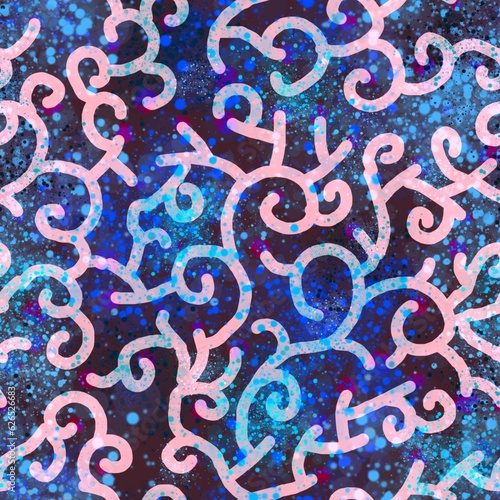 Seamless pattern of abstract elements in pink and blue shades on a dark background for textile.