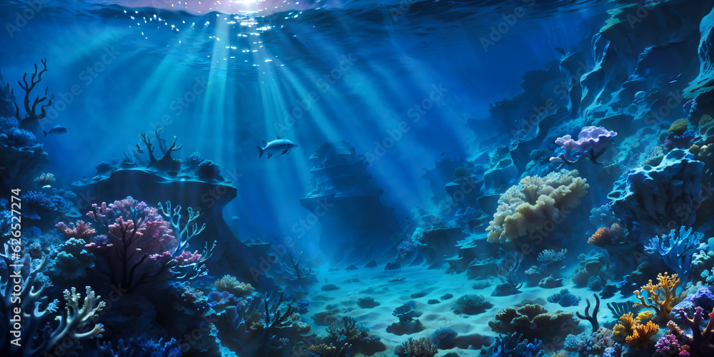 Undewater world landscape, reef, sea bottom with corals and seaweeds - obrazy, fototapety, plakaty 