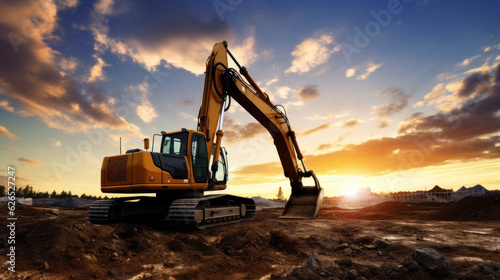 Crawler excavator during earthwork on construction site at sunset. heavy earth mover on the construction site. photo