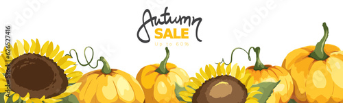 Banner with watercolor pumpkins and sunflowers. Vector illustration in watercolor painting style. Background, vector illustration for autumn sale.