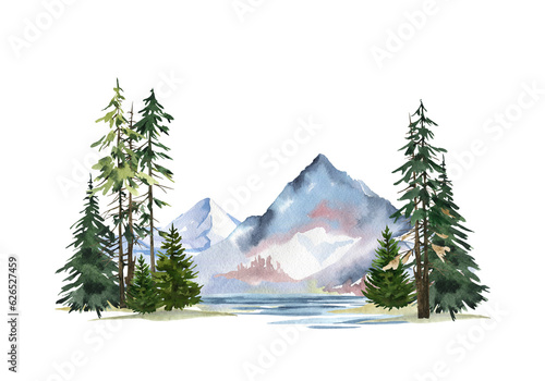 Canvas Print Watercolor blue mountains river landscape, Nature background, Spruse forest