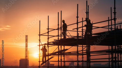 Silhouette workers on background of construction