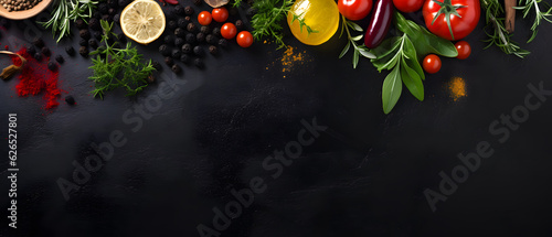 Food background. Top view of olive oil, cherry tomato, herbs and spices on rustic black slate. Colorful food ingredients border 