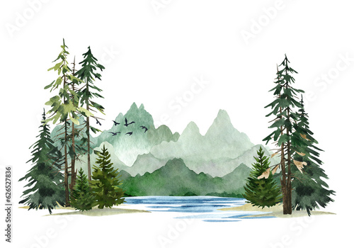 Green mountains river landscape, Nature background, Spruse forest Watercolor hand painting illustration