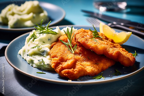 wiener schnitzel and potato mash on a plate with rosemary and a lemon slice, created with generative ai photo