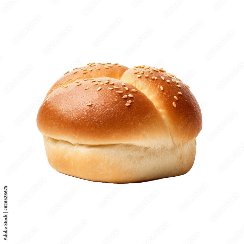 Round sandwich bun with sesame seeds isolated on white, genarative ai