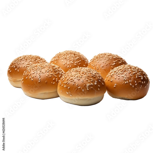 Round sandwich buns with sesame seeds isolated on white, genarative ai
